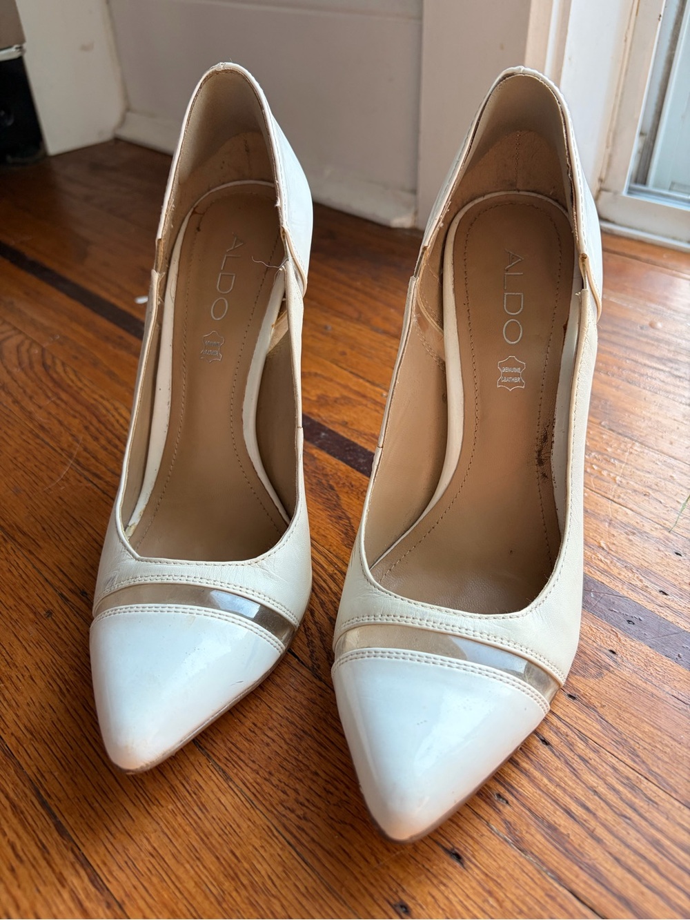 Aldo Cream Pointed Patent-Trim Pumps